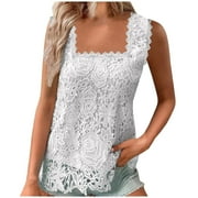 cfhntfmh Women Lace Crochet Hollow out Tank Tops Casual Blouse Summer Sleeveless Square Neck Shirts Clubwear